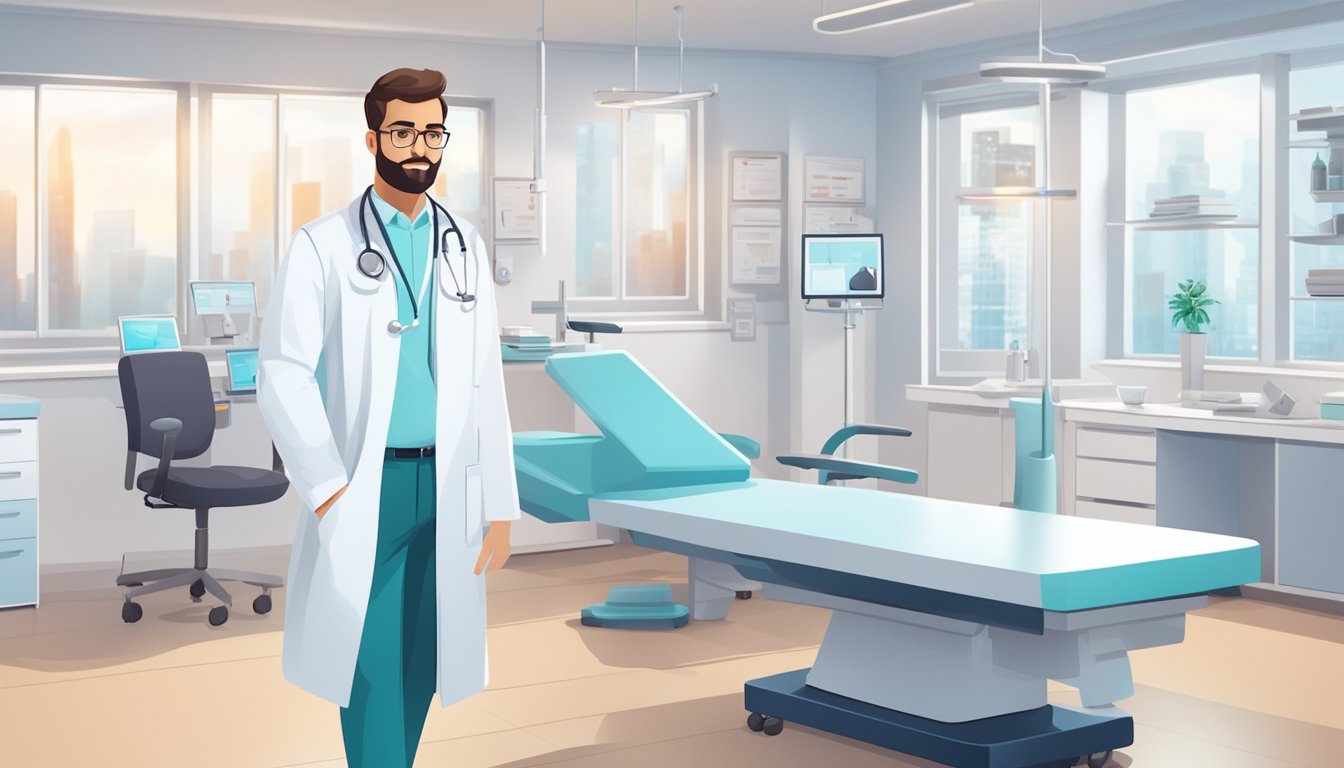 A doctor in a white coat stands in a modern cardiology clinic, surrounded by medical equipment and charts. The room is bright and clean, with a professional and organized feel