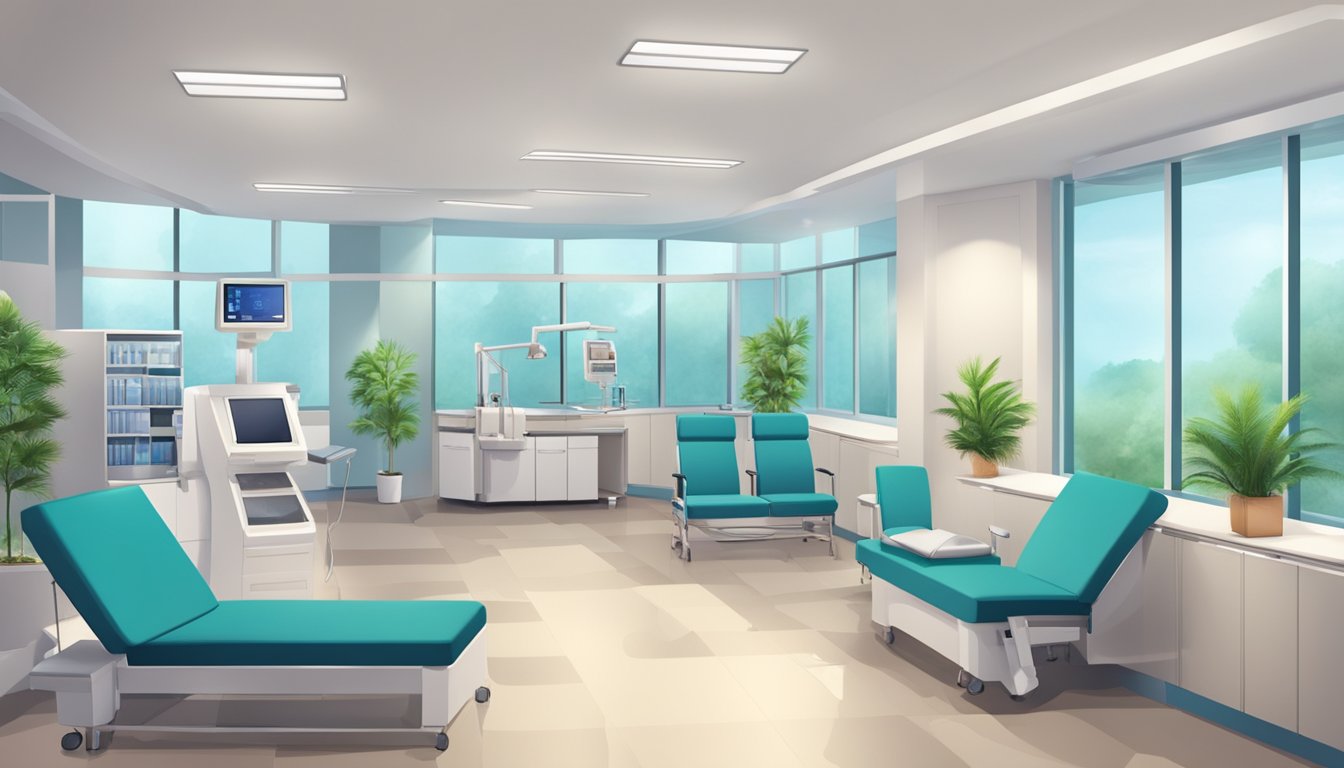 A modern cardiology clinic with state-of-the-art equipment and comfortable waiting area. Staff members in professional attire assist patients