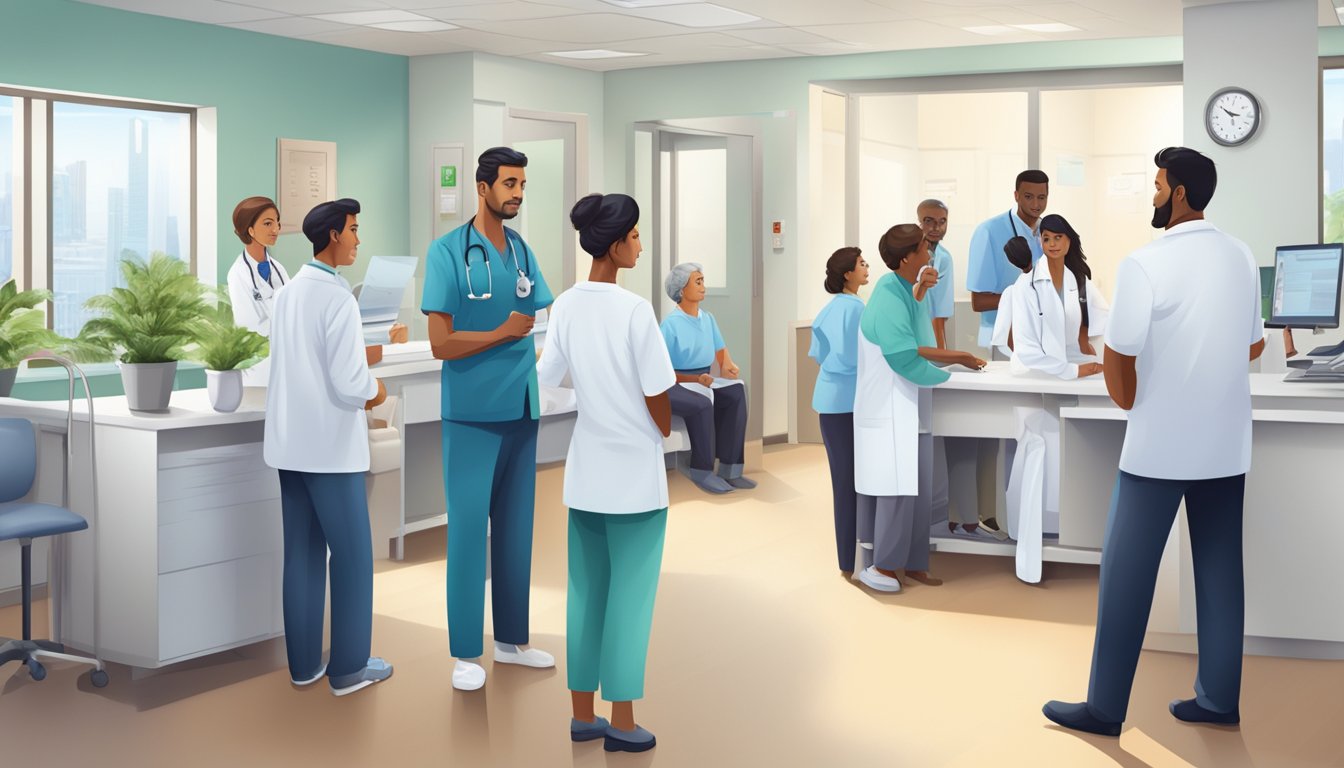 A busy cardiology clinic with patients waiting, staff at reception, and doctors in consultation rooms