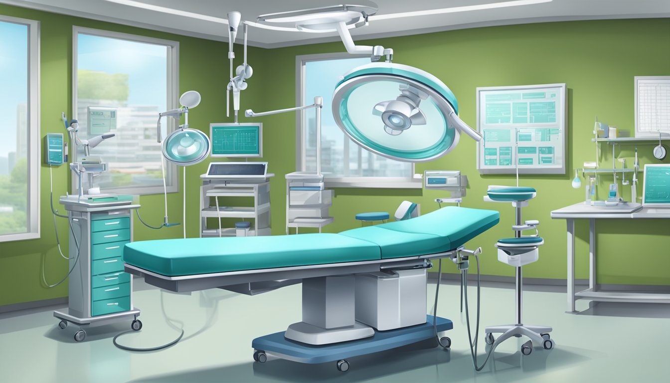 A sterile operating room with surgical equipment and monitors, a stethoscope, and a clipboard with patient charts on a desk