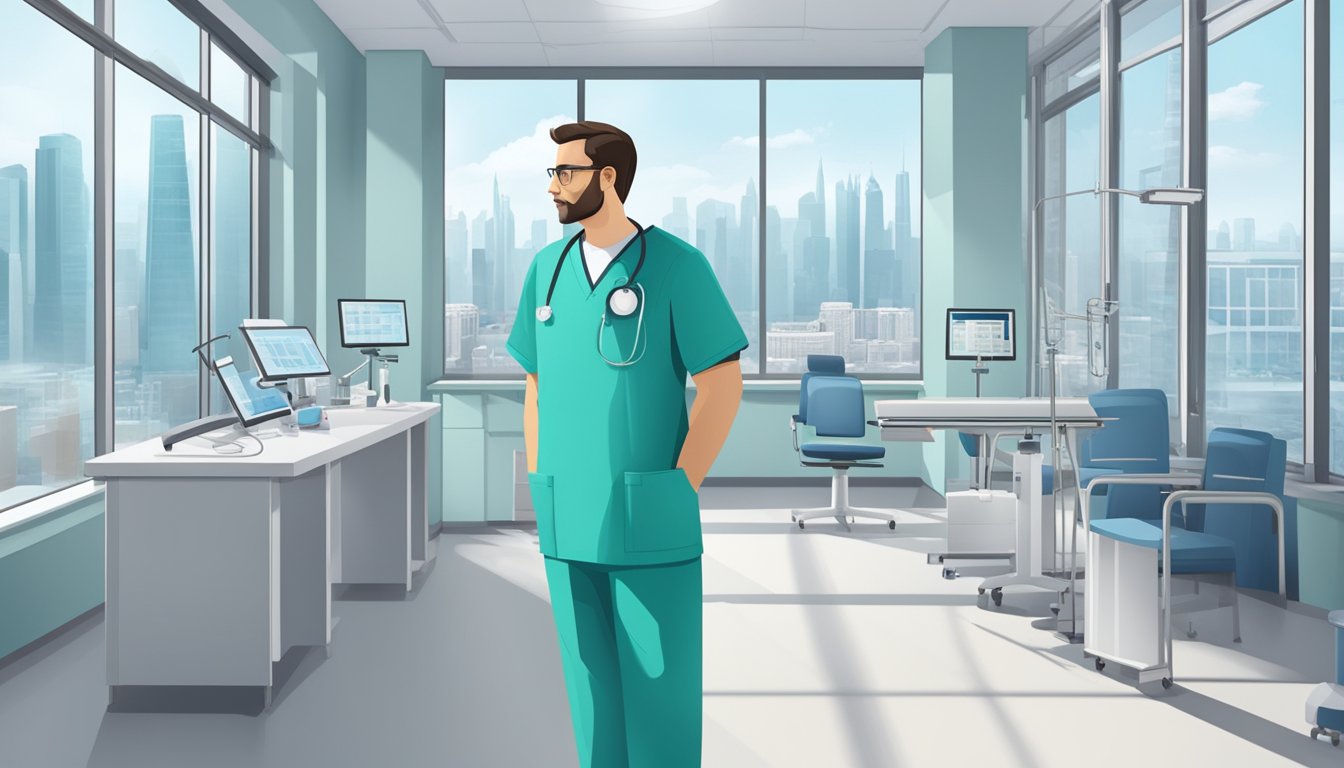 A doctor in scrubs stands in a modern cardiology clinic, surrounded by medical equipment and charts. The room is bright and sterile, with a large window offering a view of the city skyline