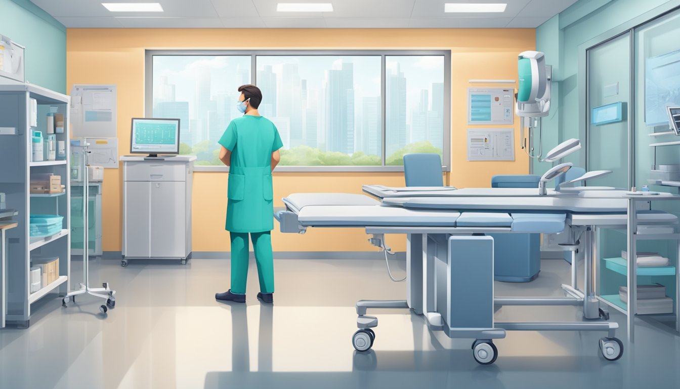 A doctor in surgical scrubs stands in a modern cardiology clinic, surrounded by medical equipment and charts. The room is well-lit and clean, with a calm and professional atmosphere