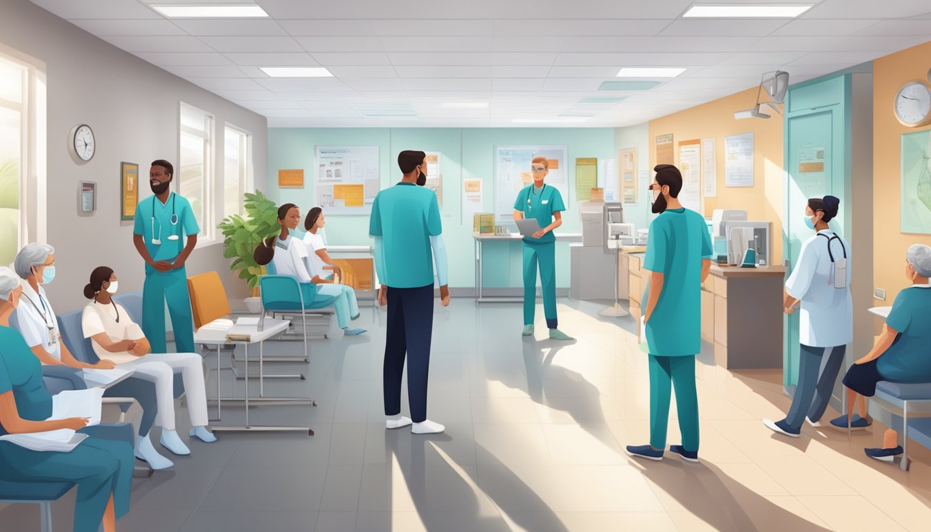 A busy cardiology clinic with patients waiting, medical staff moving about, and informational posters on the walls