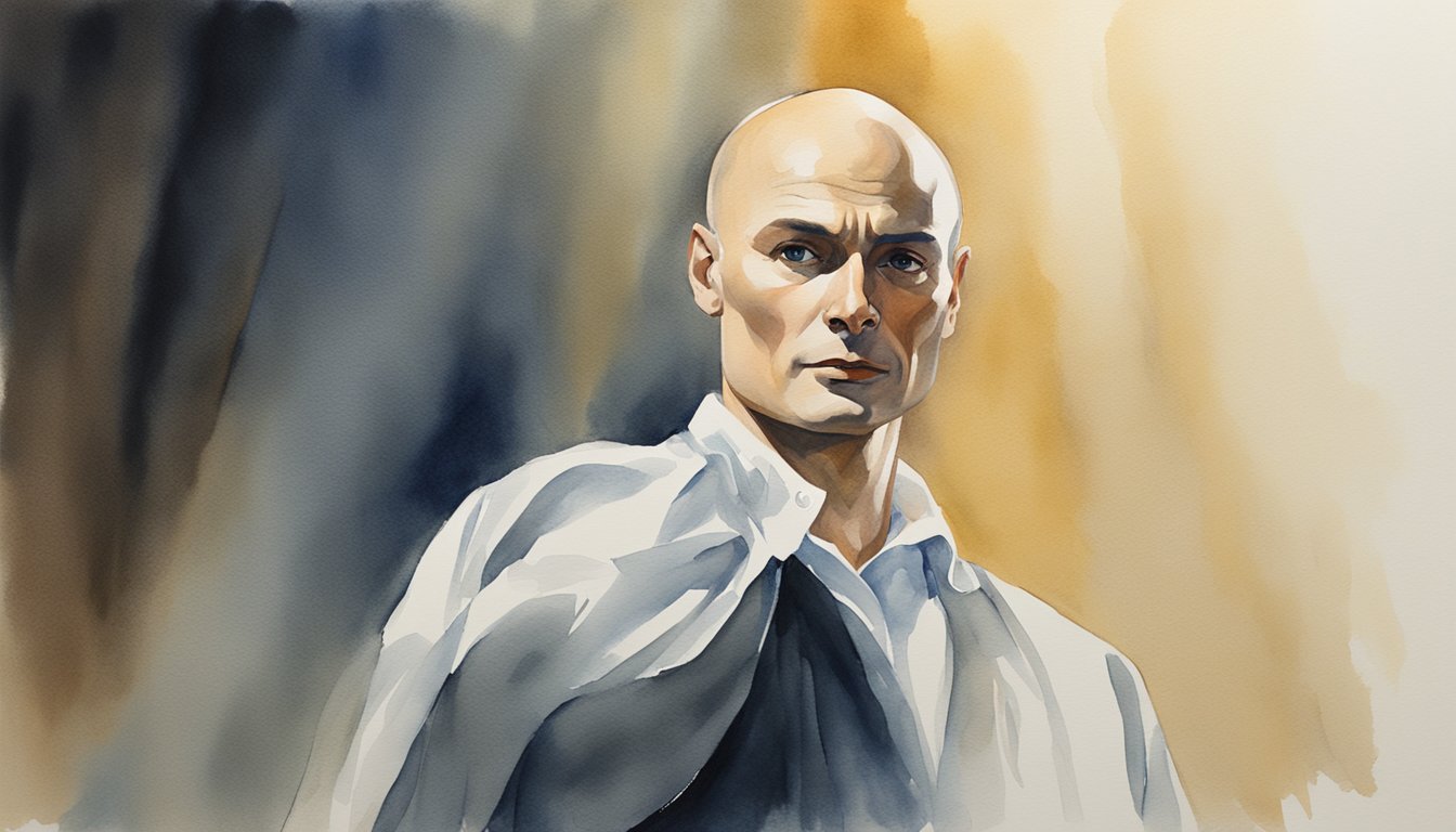 Yul Brynner's iconic bald head and regal posture on stage, surrounded by a spotlight, with a sense of grandeur and finality