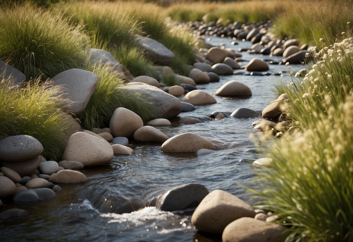 A serene river winds through a landscape dotted with various sizes and shapes of river rocks. Some rocks are stacked to create small retaining walls, while others are scattered along the riverbank. Tall grasses and small shrubs add texture and interest to the scene