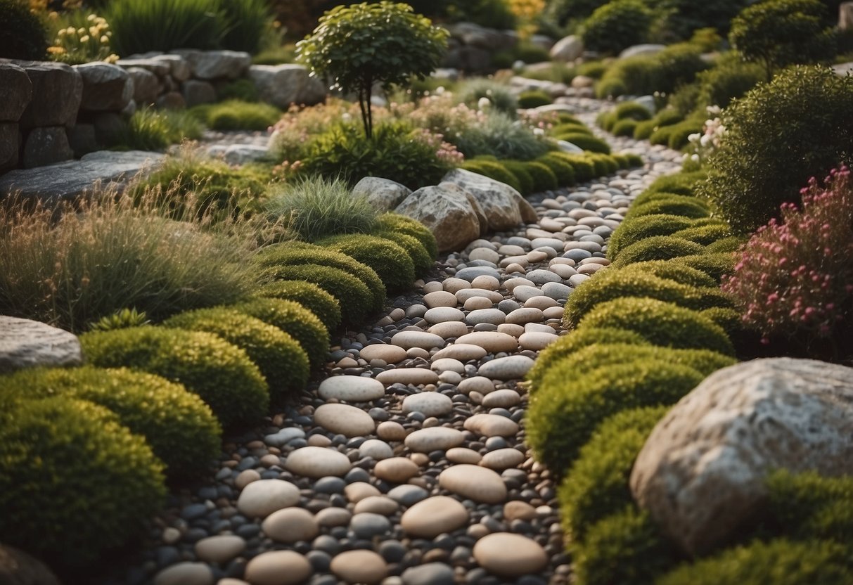 A winding path through a rock garden, bordered by river rocks of varying sizes and colors. The rocks are arranged in a natural, organic pattern, creating a visually appealing and serene landscape