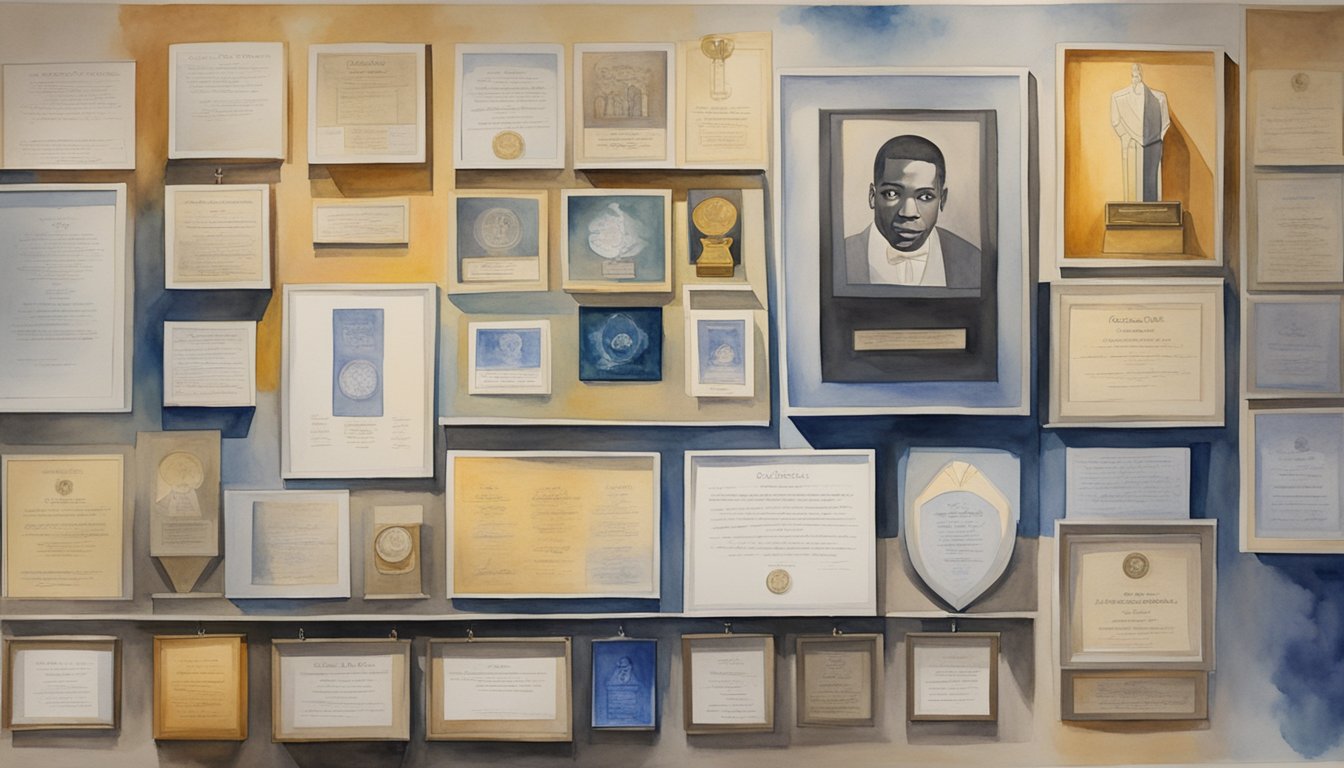 John Coltrane's awards and honors displayed on a wall with spotlights highlighting each accolade