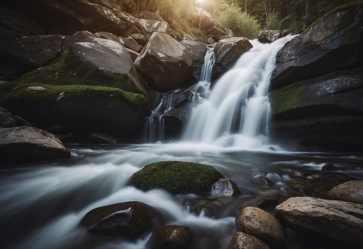 A rushing waterfall cascades over rugged rocks, surrounded by a landscape of river rocks and natural elements