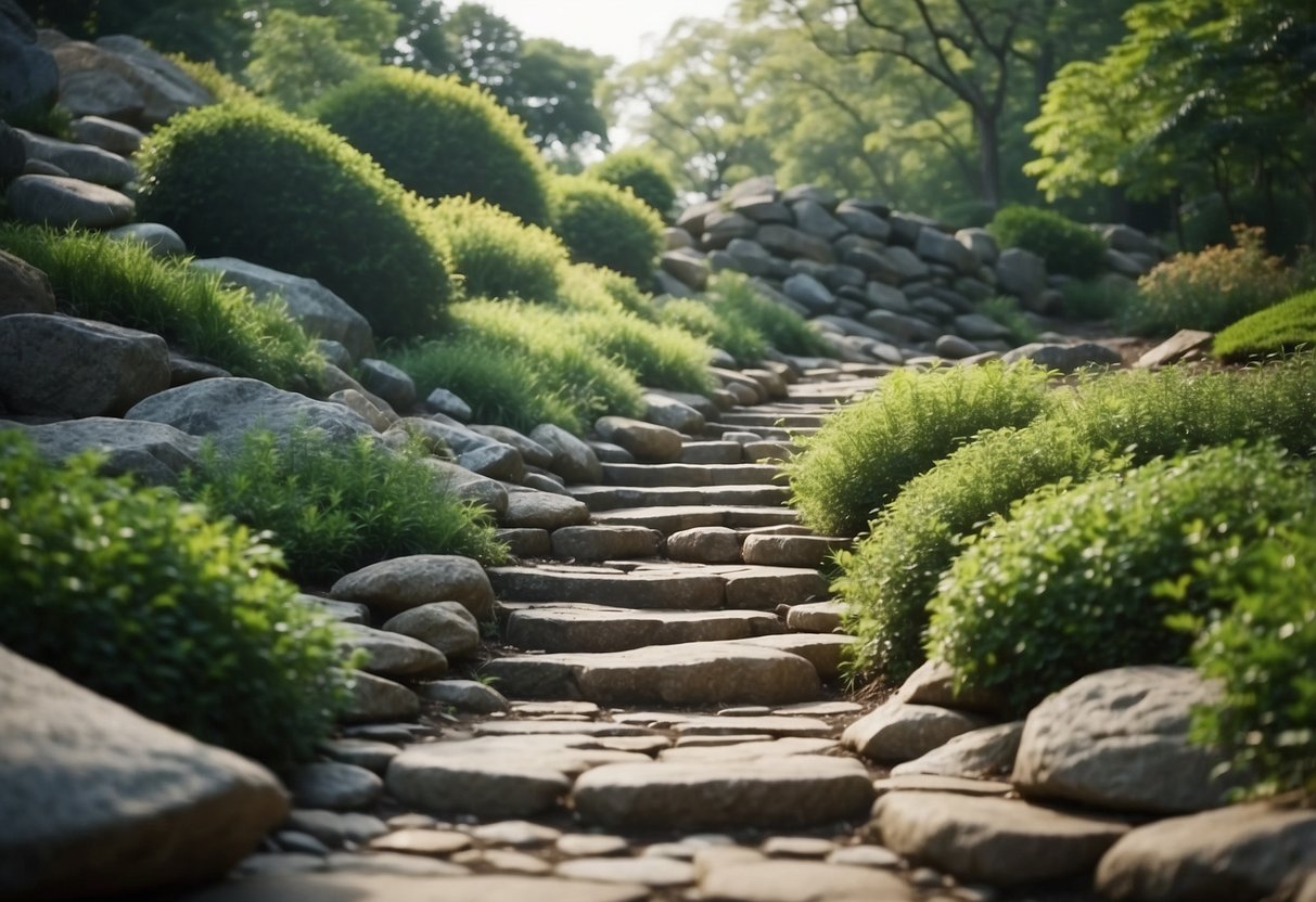 A winding path of river rocks leads up to the iconic Rocky Steps, surrounded by lush green landscaping