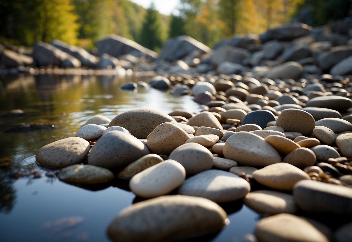 The rocky pond edges are lined with various sizes of river rocks, creating a natural and picturesque landscaping feature