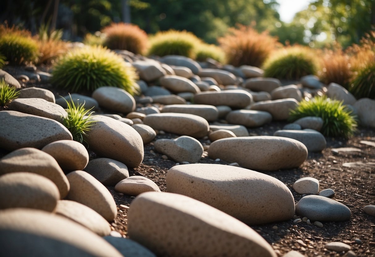 Several rocky seating areas are nestled among river rock landscaping, creating a serene and natural outdoor space