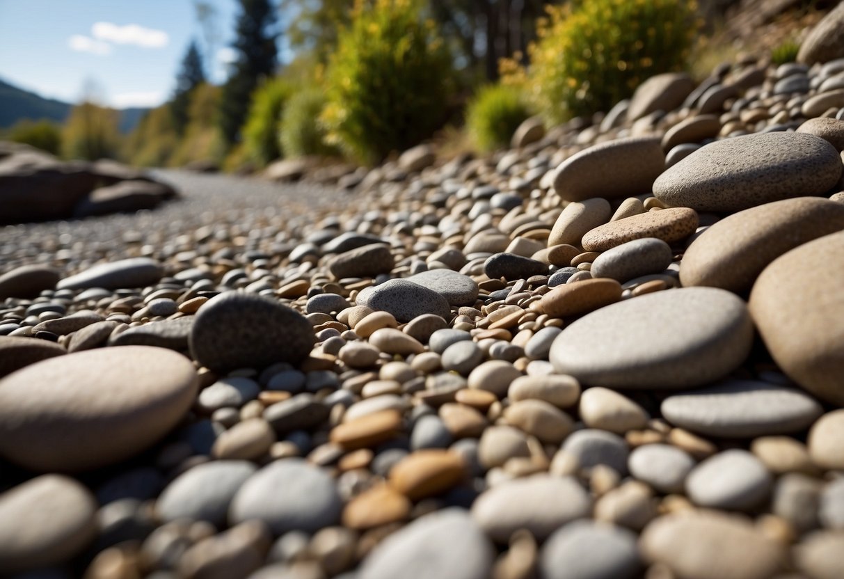 The rocky driveway edges are lined with 26 river rocks, creating a natural and rustic landscaping feature