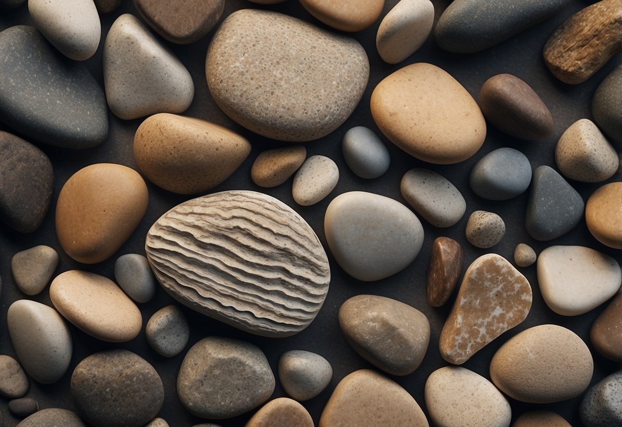 A rocky landscape with tree rings and river rocks arranged in a natural and organic pattern