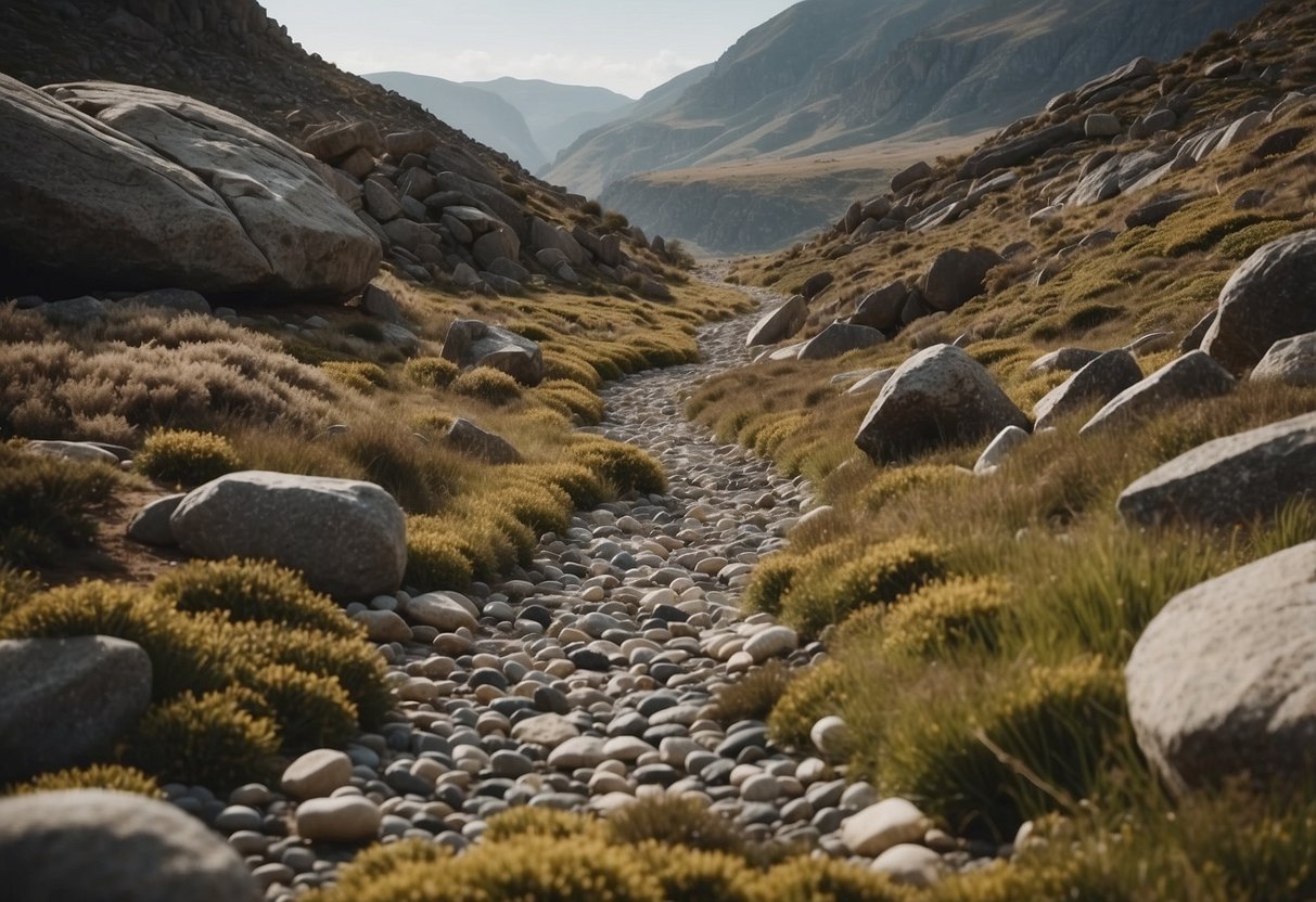 A winding path of river rocks leads through a rugged landscape, surrounded by natural elements and rocky formations