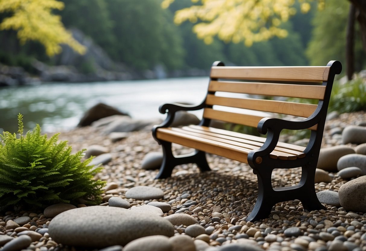 Several garden benches are nestled among river rocks, creating a tranquil and natural landscape