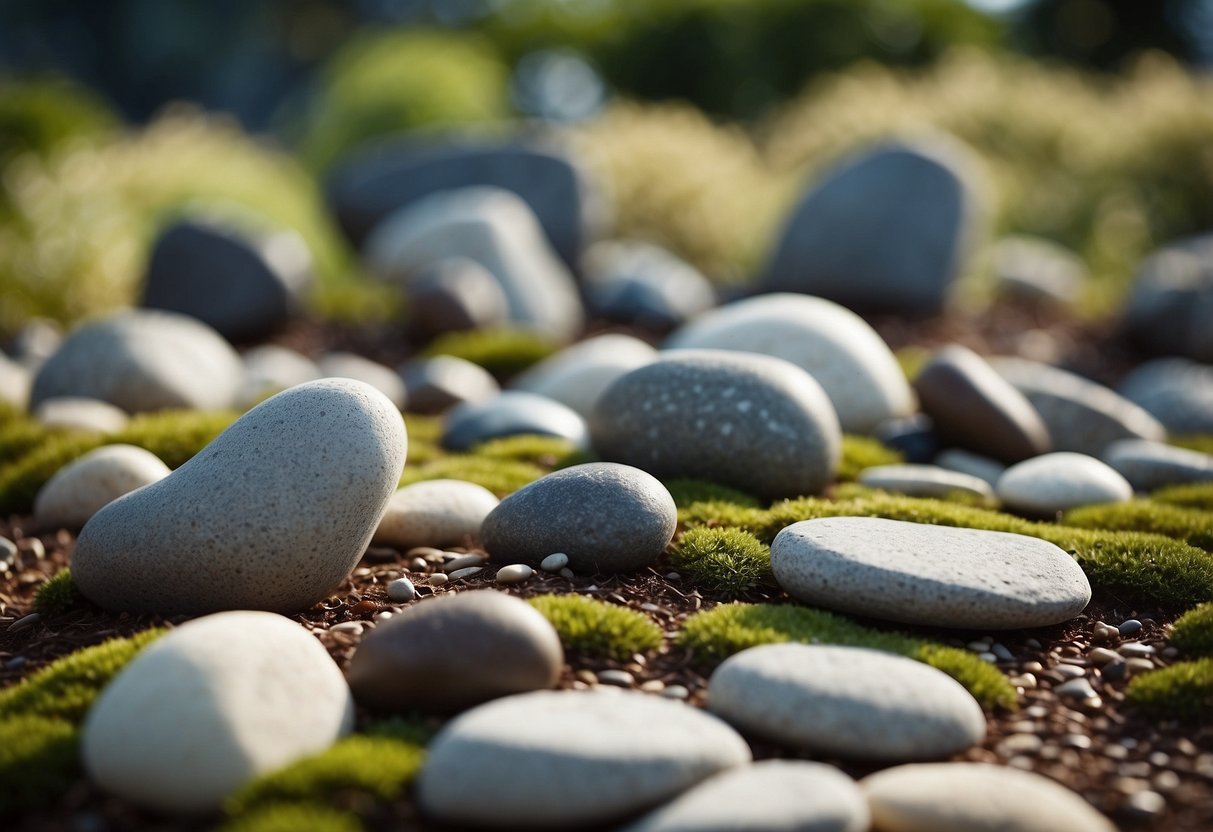 A garden with various sculptures made of river rocks, creating a rocky landscape