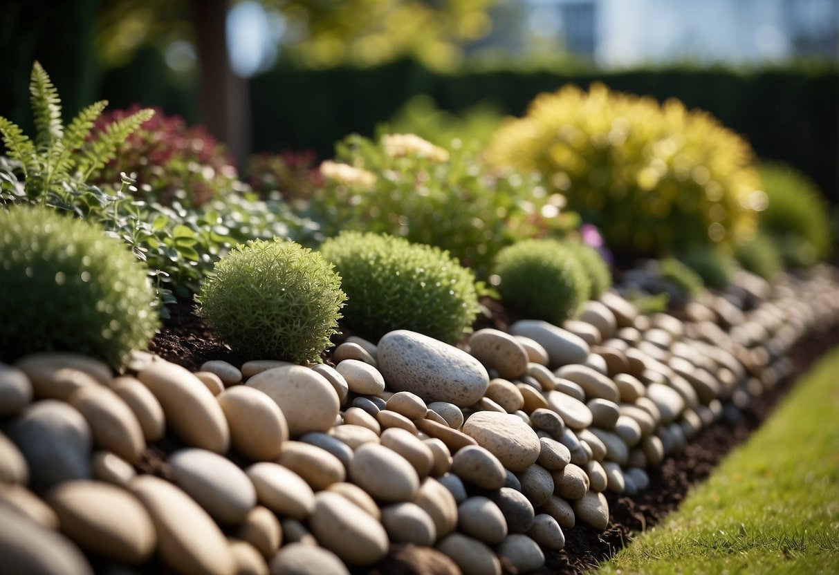 A row of rocky planters filled with river rocks, nestled in a landscaped garden