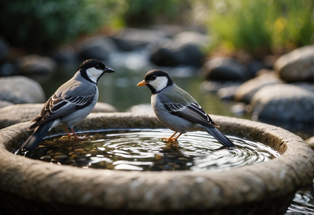 Birds bathe in rocky bird baths surrounded by river rock landscaping