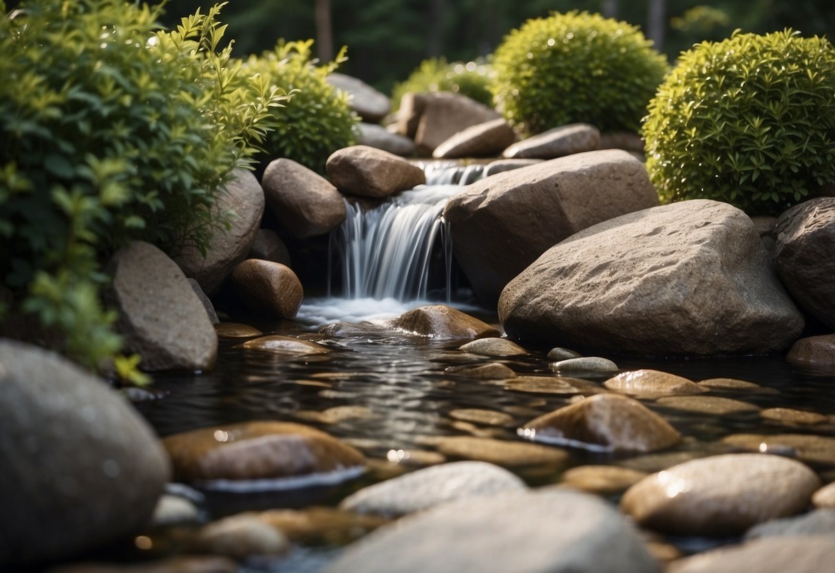 Rocky outdoor showers surrounded by river rock landscaping. Water cascades down the rocks, creating a serene and natural bathing space