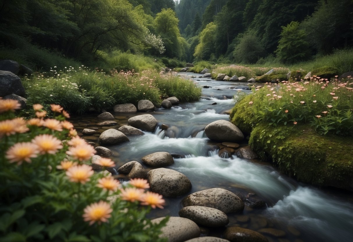 A serene river landscape with smooth river rocks arranged in various patterns, surrounded by lush greenery and blooming flowers