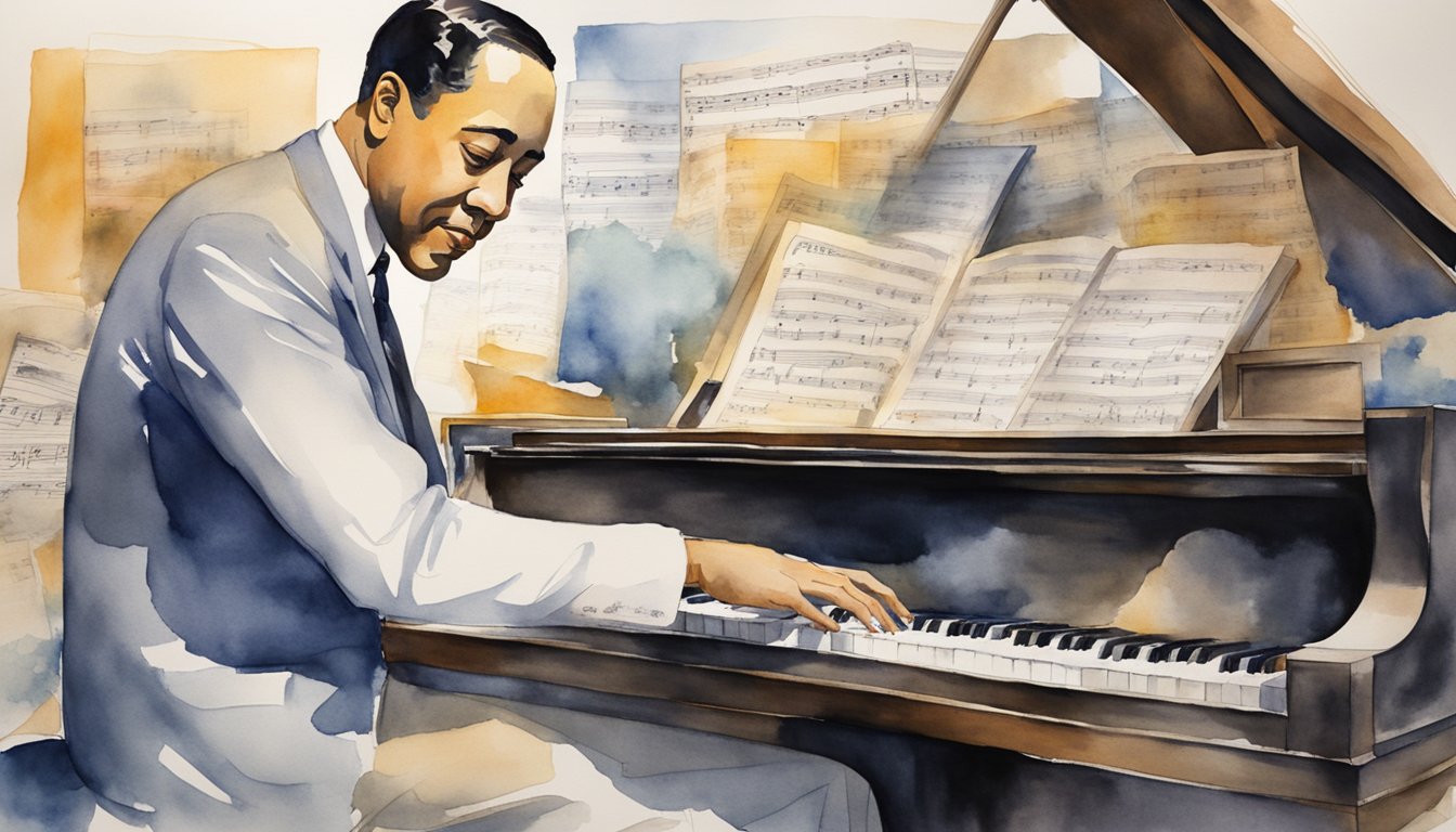 Duke Ellington composing at his piano, surrounded by music sheets and instruments, with a triumphant expression on his face