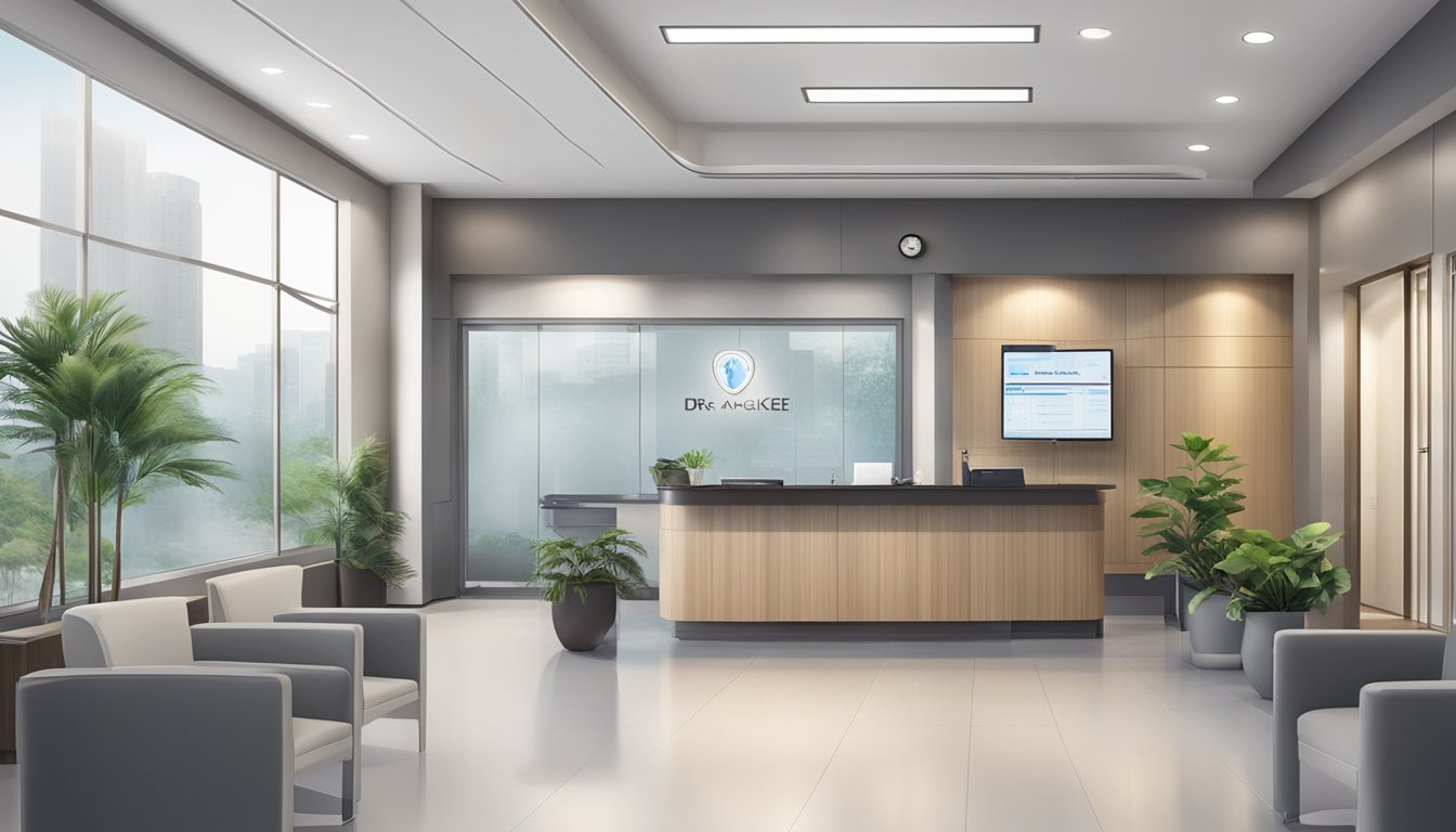 A modern and sleek cardiology clinic with the sign "Dr Ang Teck Kee - ACE Cardiology Clinic | SG Cardiologist" prominently displayed