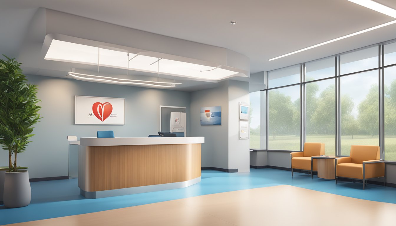 A modern, well-lit cardiology clinic with ACE Cardiology Clinic signage and a prominent logo. Clean, professional, and welcoming atmosphere