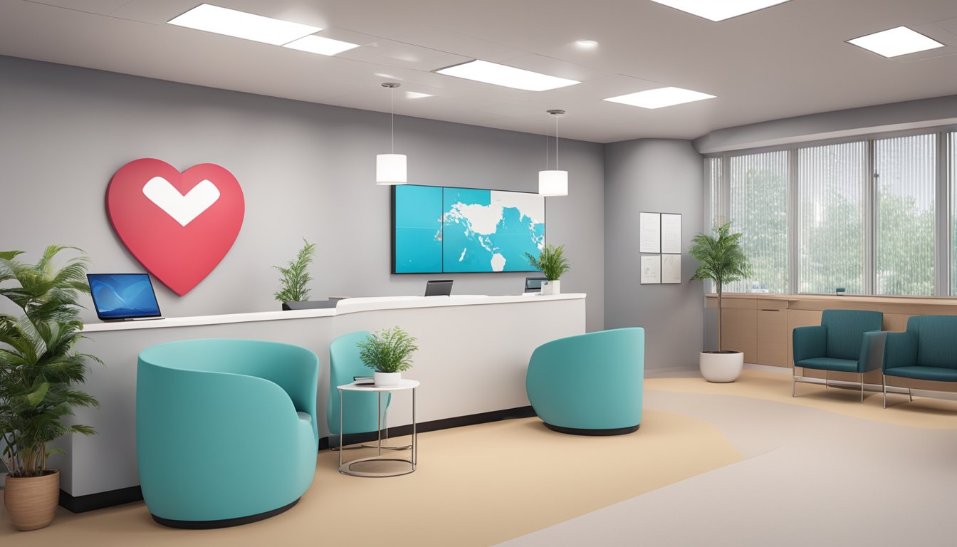 A modern cardiology clinic with sleek furniture, medical equipment, and a calming color scheme. The reception area is bright and welcoming, with a large logo of a heart with a lifeline running through it
