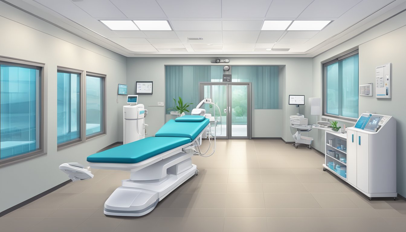 A modern clinic interior with ACE Cardiology Clinic signage and Dr. Ang Teck Kee's name. Clean and professional setting with medical equipment