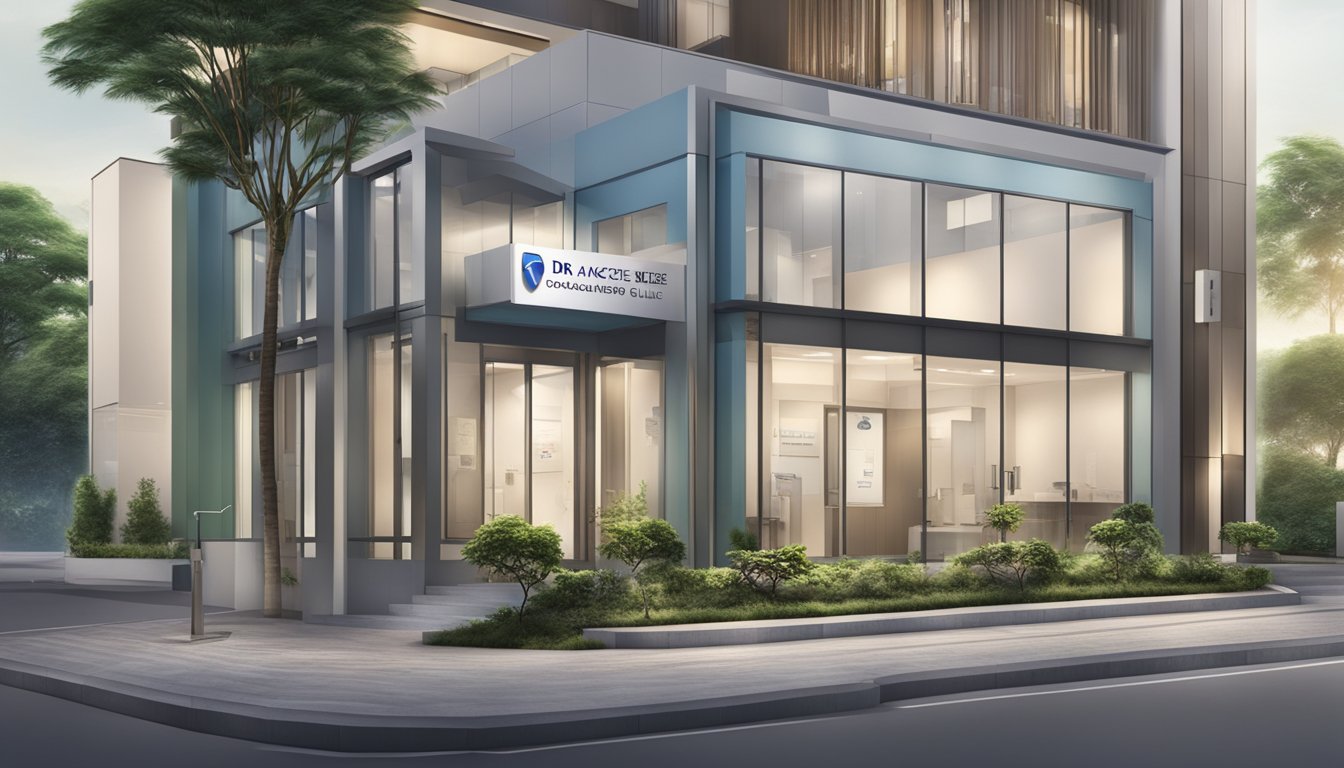 A modern clinic facade with clear signage displaying "Dr Ang Teck Kee - ACE Cardiology Clinic | SG Cardiologist" and the operating hours