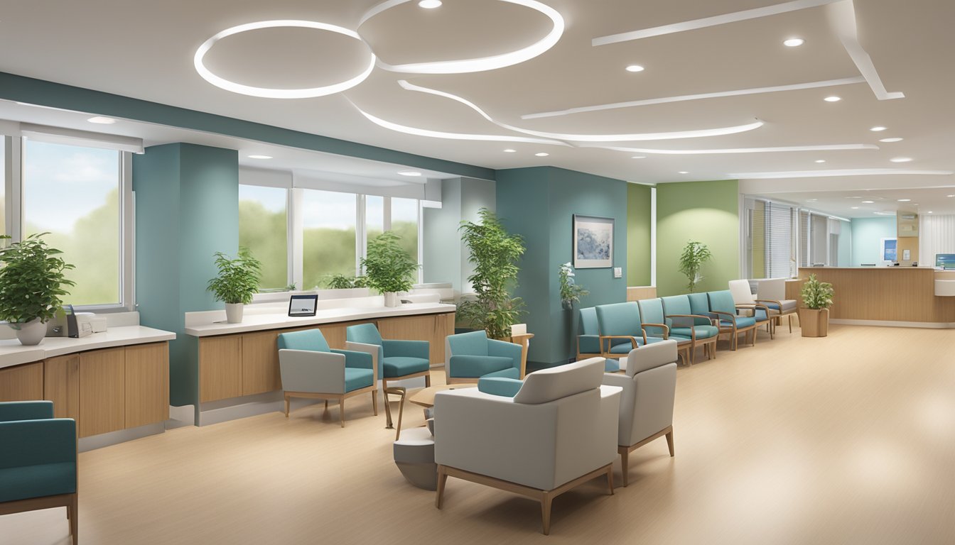 The Lim Ing Haan Cardiology Clinic is bustling with patients and staff. The waiting area is filled with comfortable chairs and soothing music. The reception desk is busy with administrative tasks. The examination rooms are equipped with state-of-the-art medical equipment
