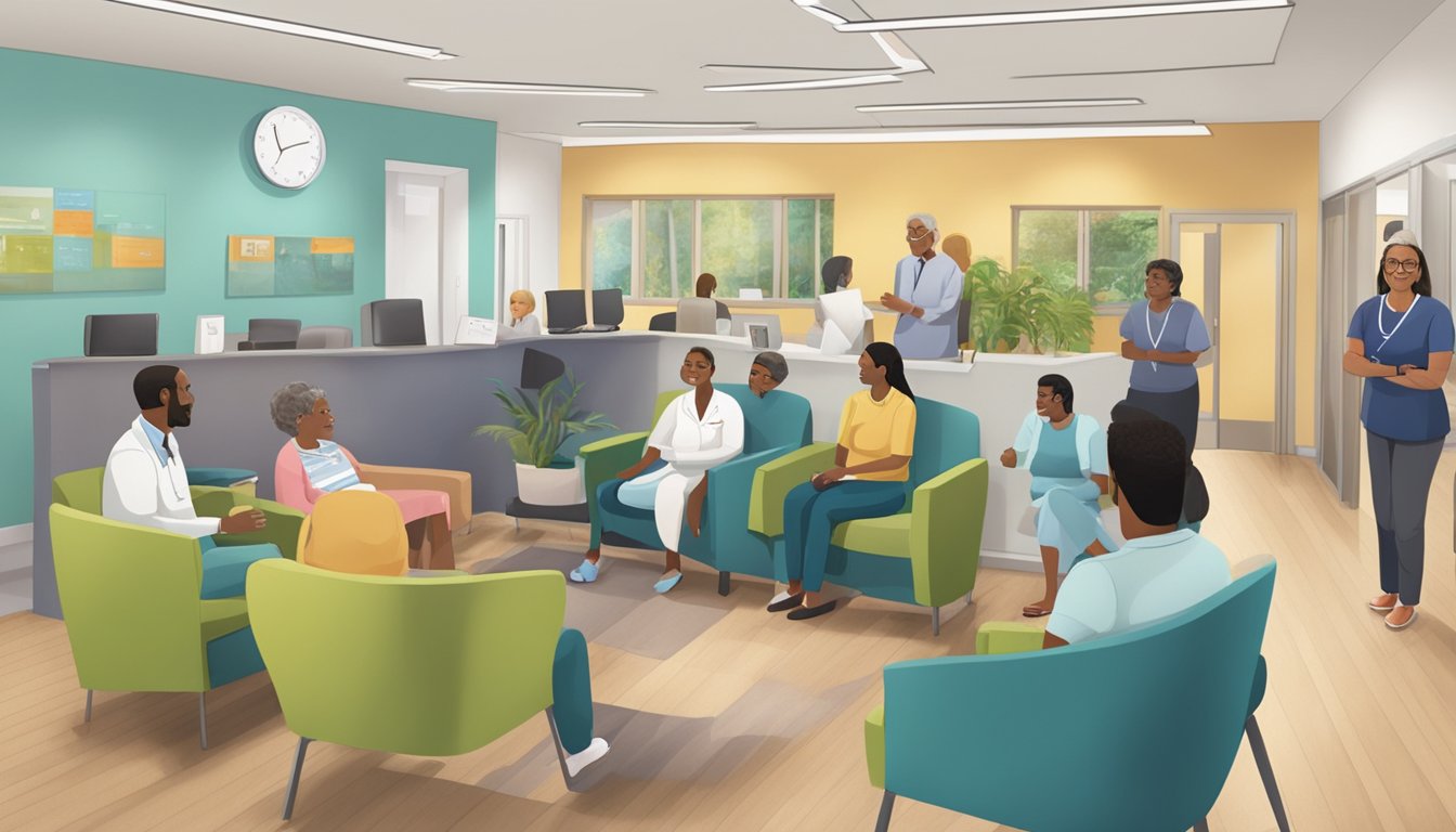 Patients fill the waiting room at Lifeline Heart Centre, a modern cardiology clinic. The receptionist greets them as they sit in comfortable chairs, while the sound of soft music plays in the background