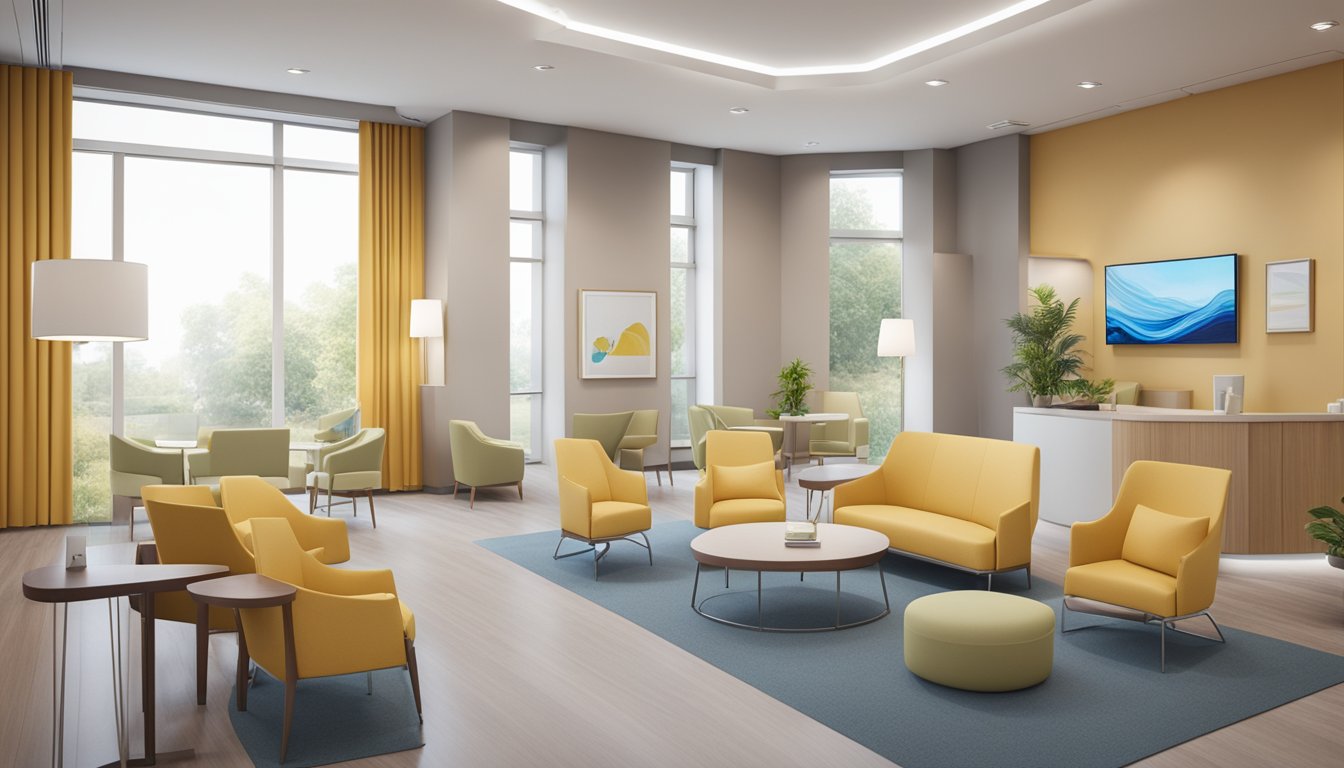 A modern cardiology clinic with sleek furniture, medical equipment, and calming decor. The reception area is bright and welcoming, while the consultation rooms are private and well-equipped