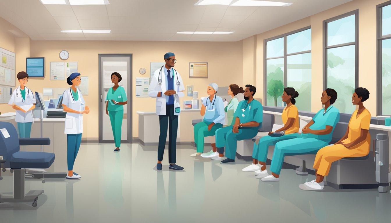 A bustling cardiology clinic with patients waiting, staff at reception, and doctors in consultation rooms. The clinic is filled with medical equipment and informative posters