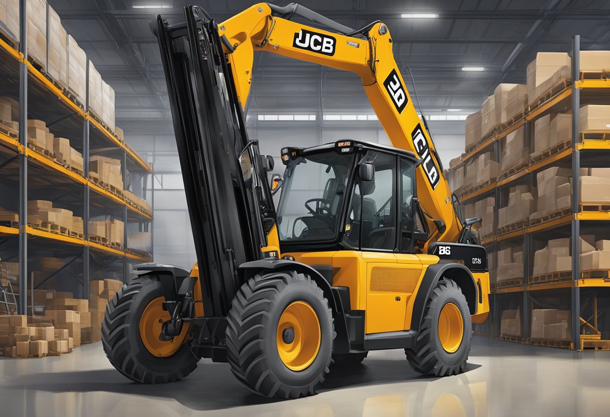 A JCB Telehandler sits in a warehouse, with its serial number clearly visible on the side of the vehicle. The machine is surrounded by various industrial equipment and tools