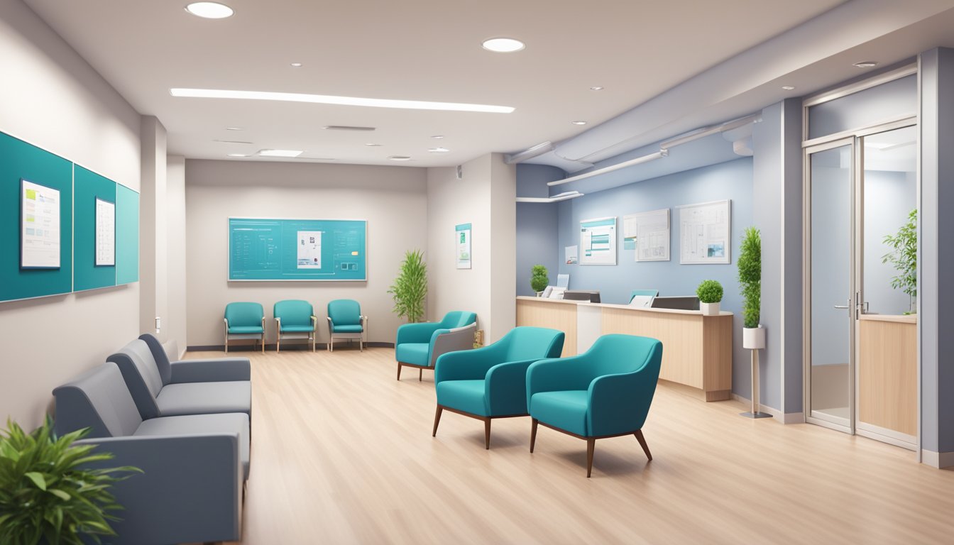 A modern cardiology clinic with a reception desk, waiting area, and examination rooms. The clinic is clean and well-lit, with medical equipment and informational posters on the walls