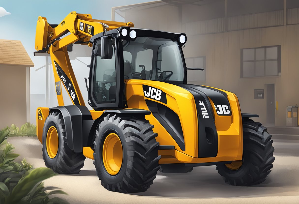 The jcb telehandler is parked in a well-lit area, with the serial number clearly visible on the side of the machine