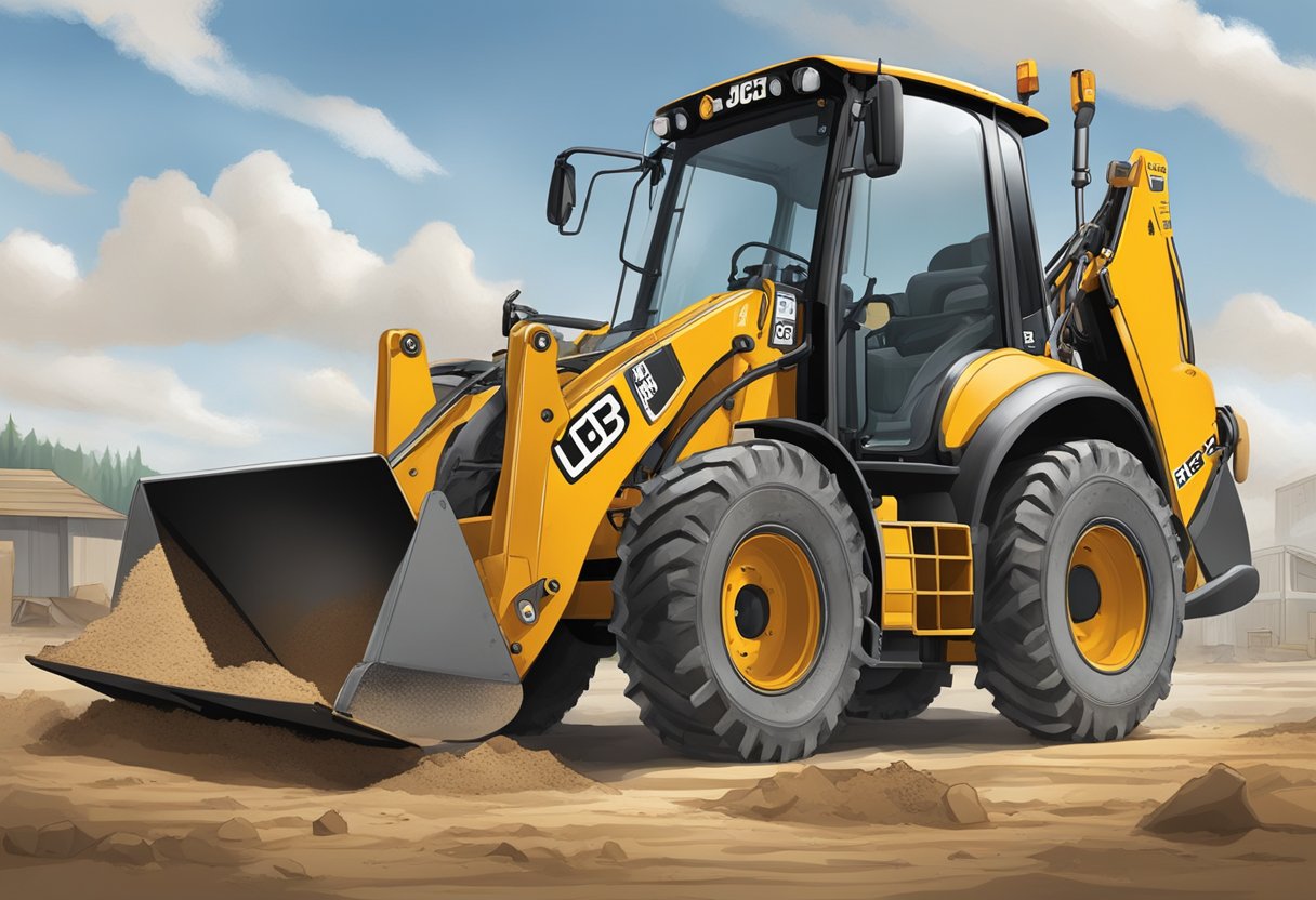 A JCB backhoe parked in a dirt lot, with the serial number prominently displayed on the side of the machine