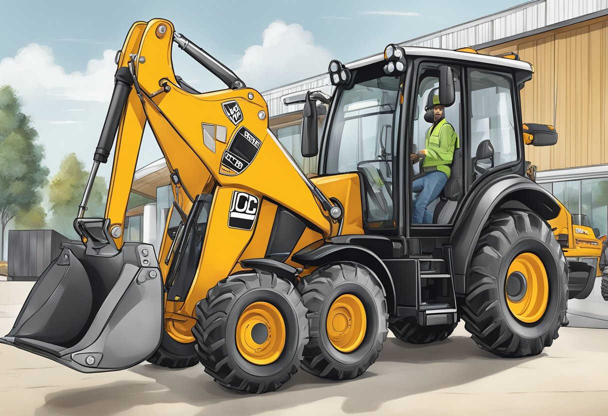 A person enters the JCB dealership, provides the serial number, and completes the purchase of a backhoe