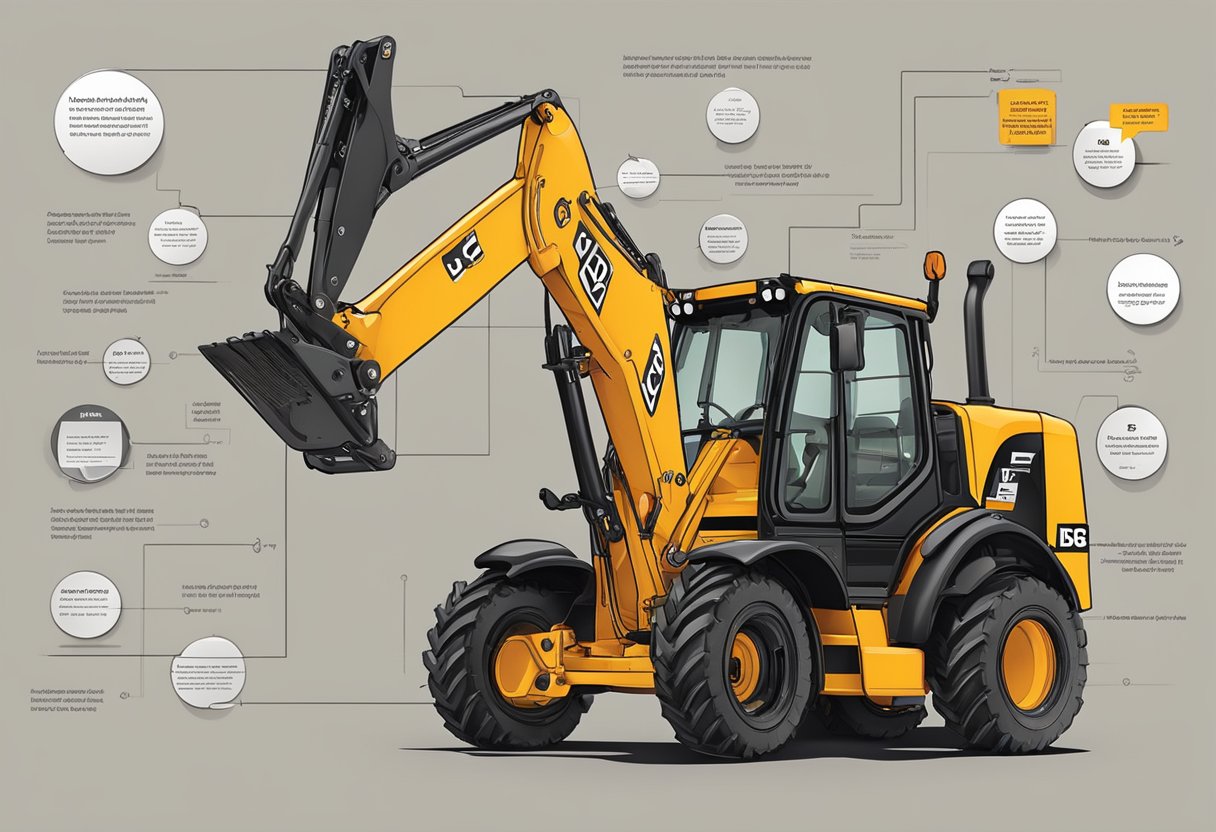 A jcb backhoe with visible serial number, surrounded by frequently asked questions text