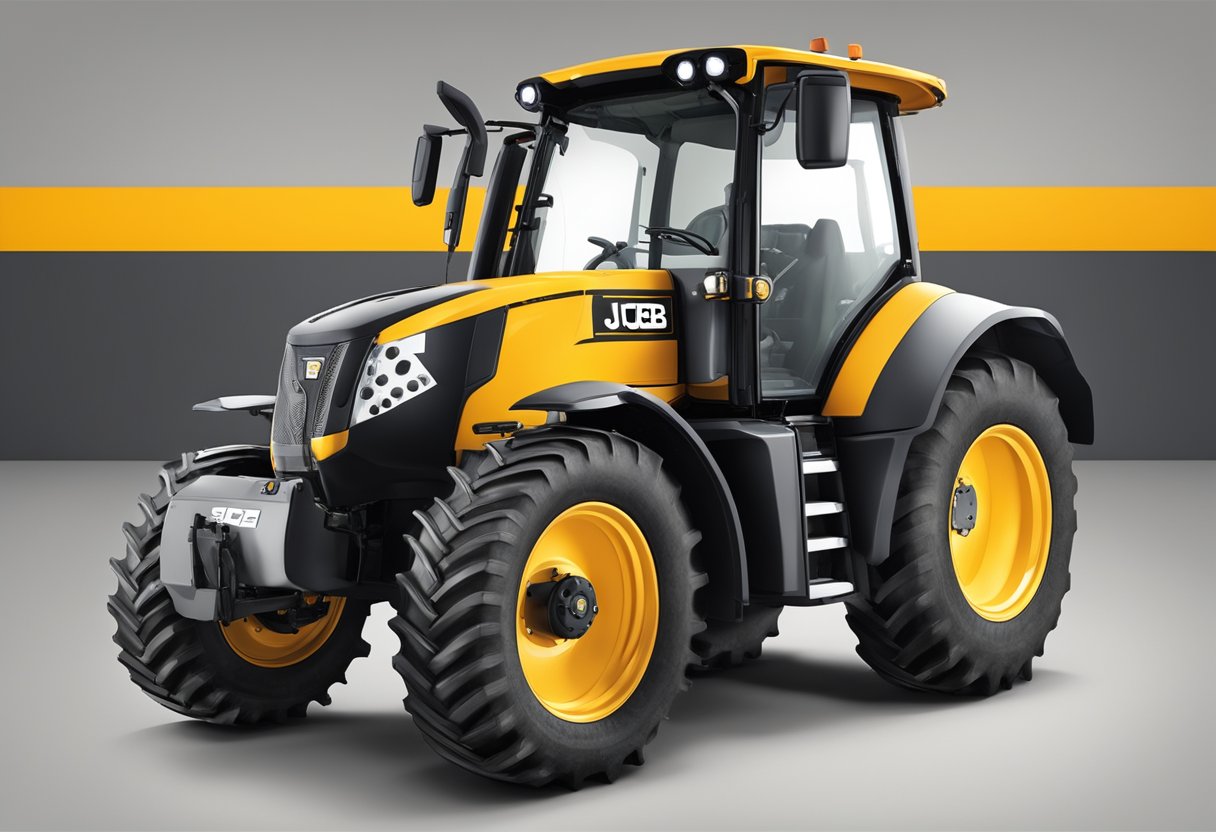 A JCB Fastrac tractor parked outdoors, with a visible serial number plate located on the front left side of the vehicle's chassis