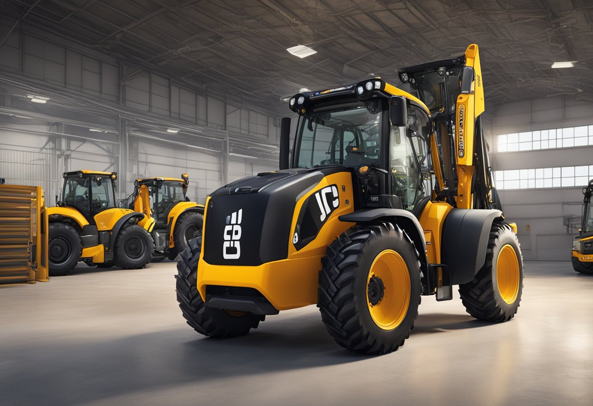 The JCB Fastrac is parked in a well-lit maintenance area. The serial number is prominently displayed on the front of the vehicle