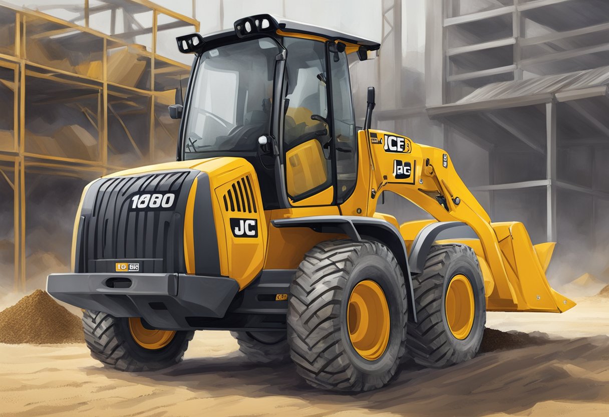 A yellow JCB 1400B with a visible serial number parked on a dirt construction site