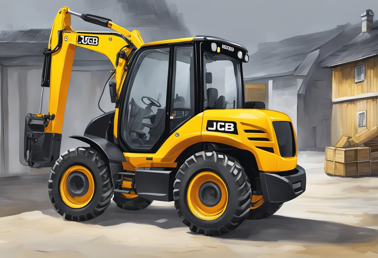 The JCB 8014 is parked in a well-lit area, with the serial number clearly visible on the side of the machine