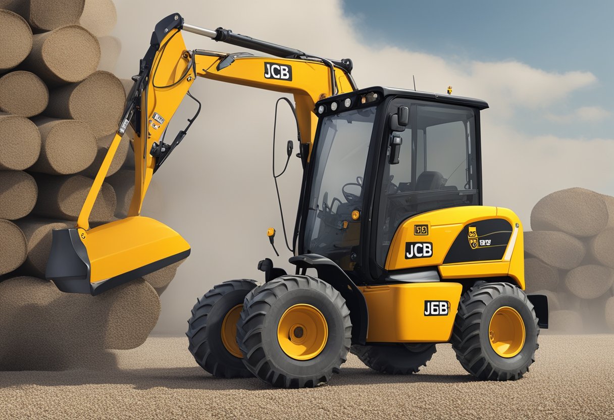 The JCB 8014 is parked on a gravel lot, with the serial number located on the side of the machine near the rear