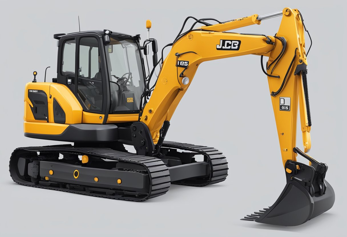 A JCB excavator with visible serial number, surrounded by different variants and specifications