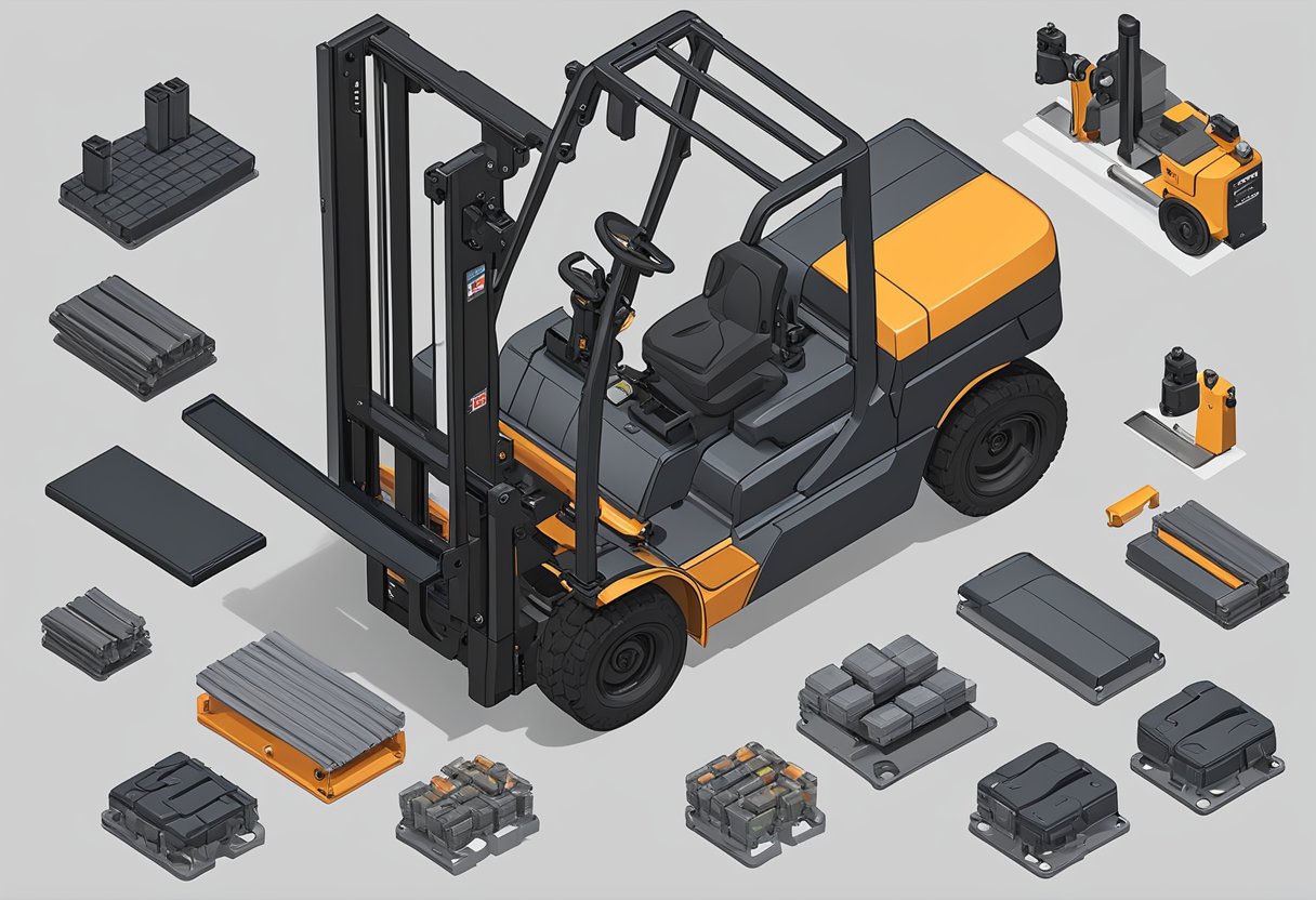 A Toyota forklift parts spread out on a clean, well-lit workbench, with various components neatly organized and labeled for easy identification