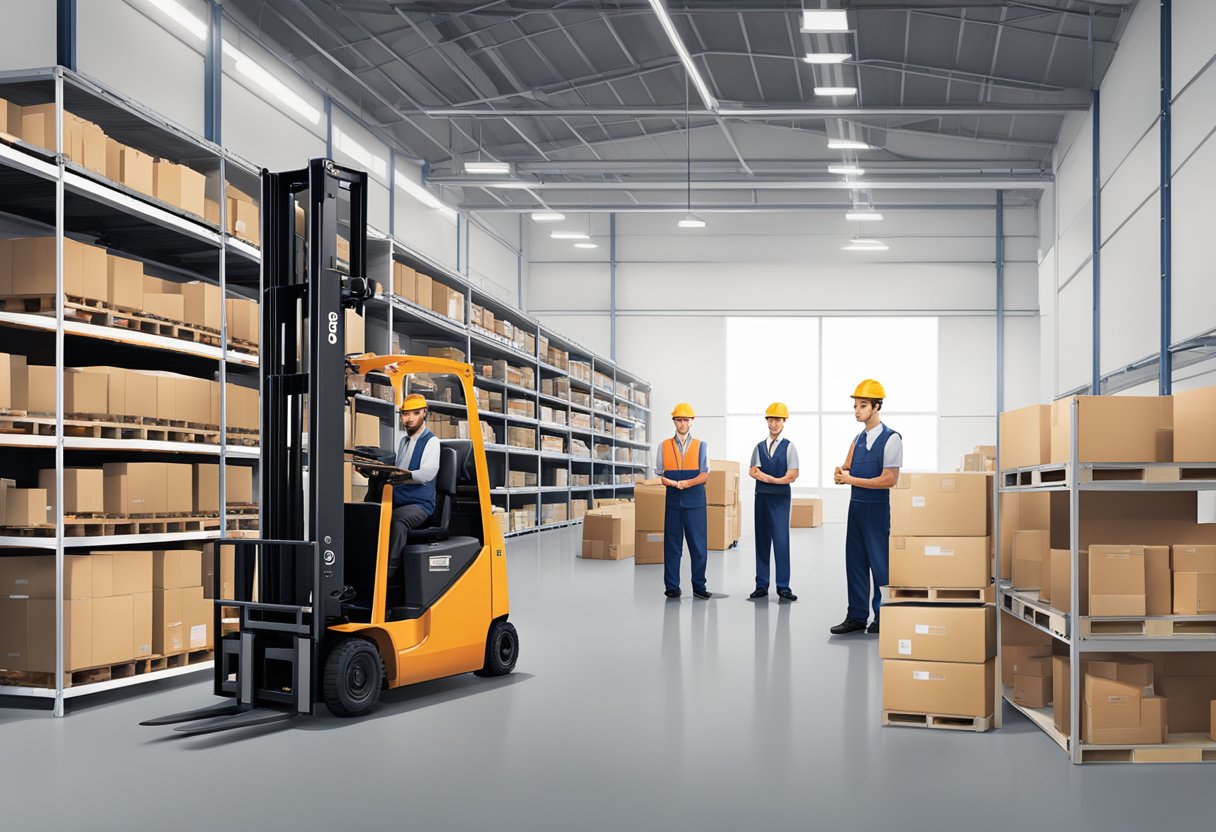 A warehouse with shelves of Toyota forklift parts, a customer service desk, and a team of logistics staff coordinating orders and shipments