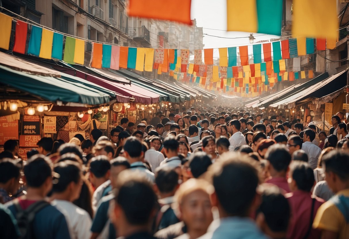 A bustling marketplace with colorful banners and excited crowds, surrounded by vendors selling products and promoting the toncoin token sale