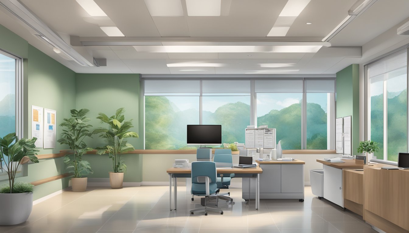 A modern and inviting medical office with a prominent sign reading "Dr. Tony Wong - Healthy Heart Specialist Center | SG Cardiologist" displayed prominently